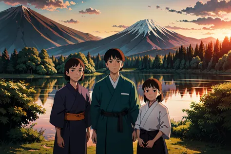 anime characters standing in front of a mountain with a lake