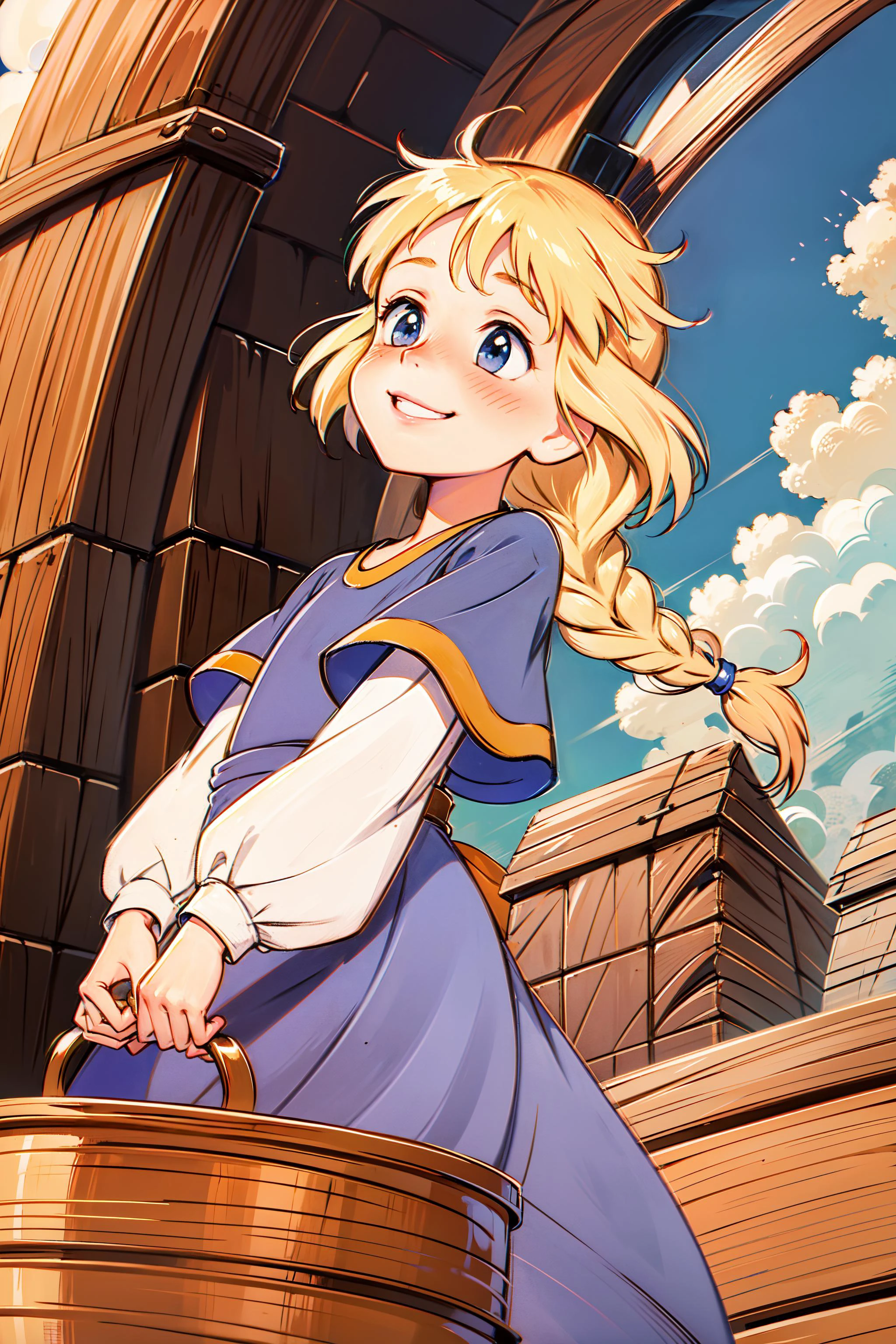 1girl, masterpiece, (detailed background), best quality, absurdres,
marketplace, medieval, nose blush, looking at viewer,
princess calla, blue dress, single braid, white long sleeves, grin,
from below,