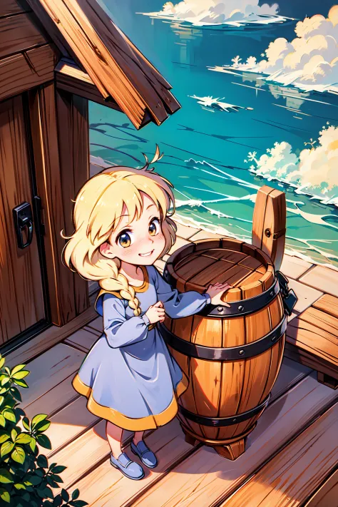 1girl, masterpiece, (detailed background), best quality, absurdres,
marketplace, medieval, nose blush, looking at viewer, cobblestone,
princess calla, single braid, grin, white long sleeves, blue dress,
from above,
barrel, cloudy_sky, crate, day, outdoors, wood, wooden barrel, wooden_floor dock, pier, sea, water, waves,