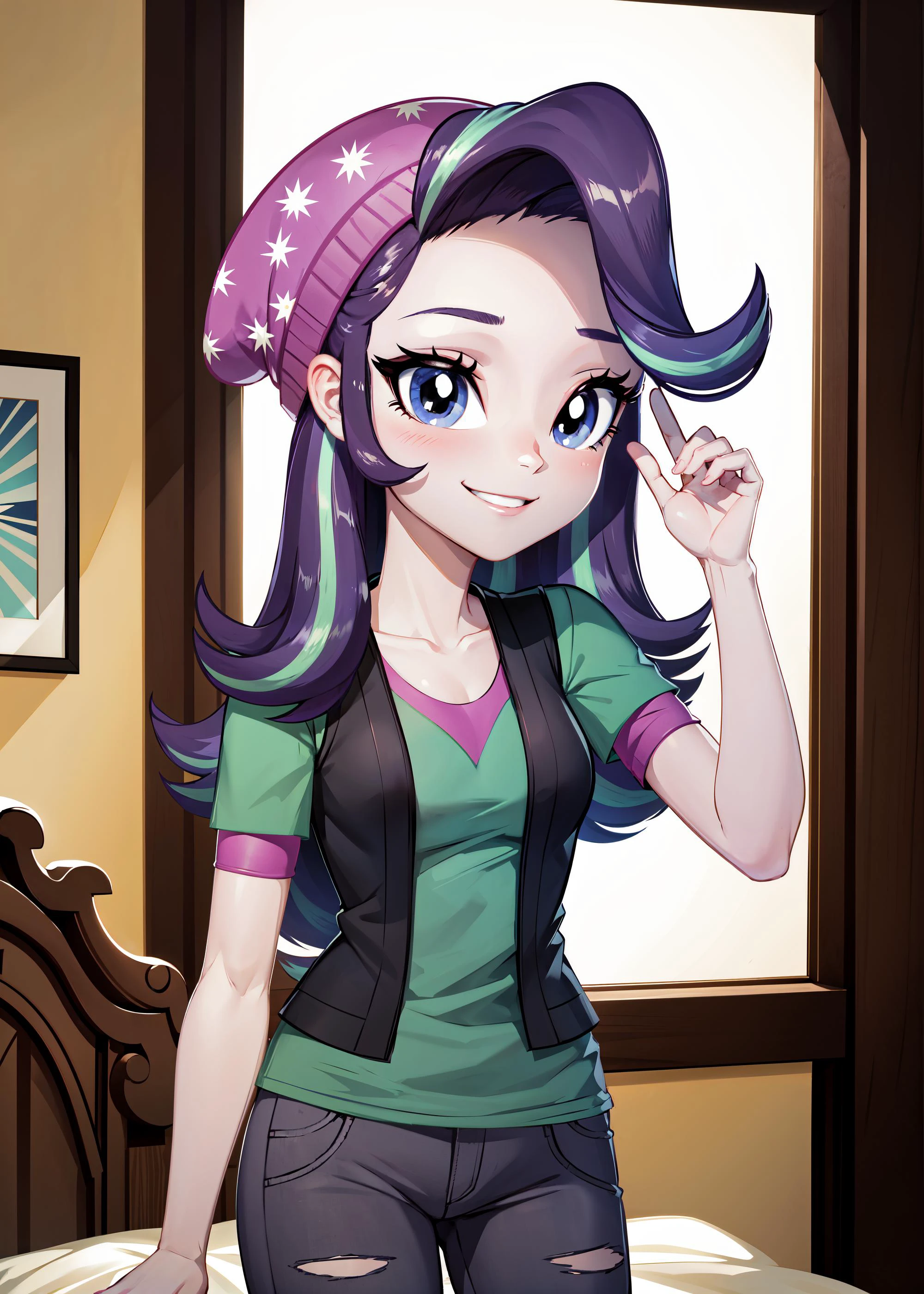 1girl, masterpiece, (detailed background), best quality, absurdres,
bedroom, bed, window,
mlpglimmer, shirt, hat, short sleeves, pants, vest, streaked hair, torn clothes, colored skin, beanie, torn pants, solo, smile, personification,