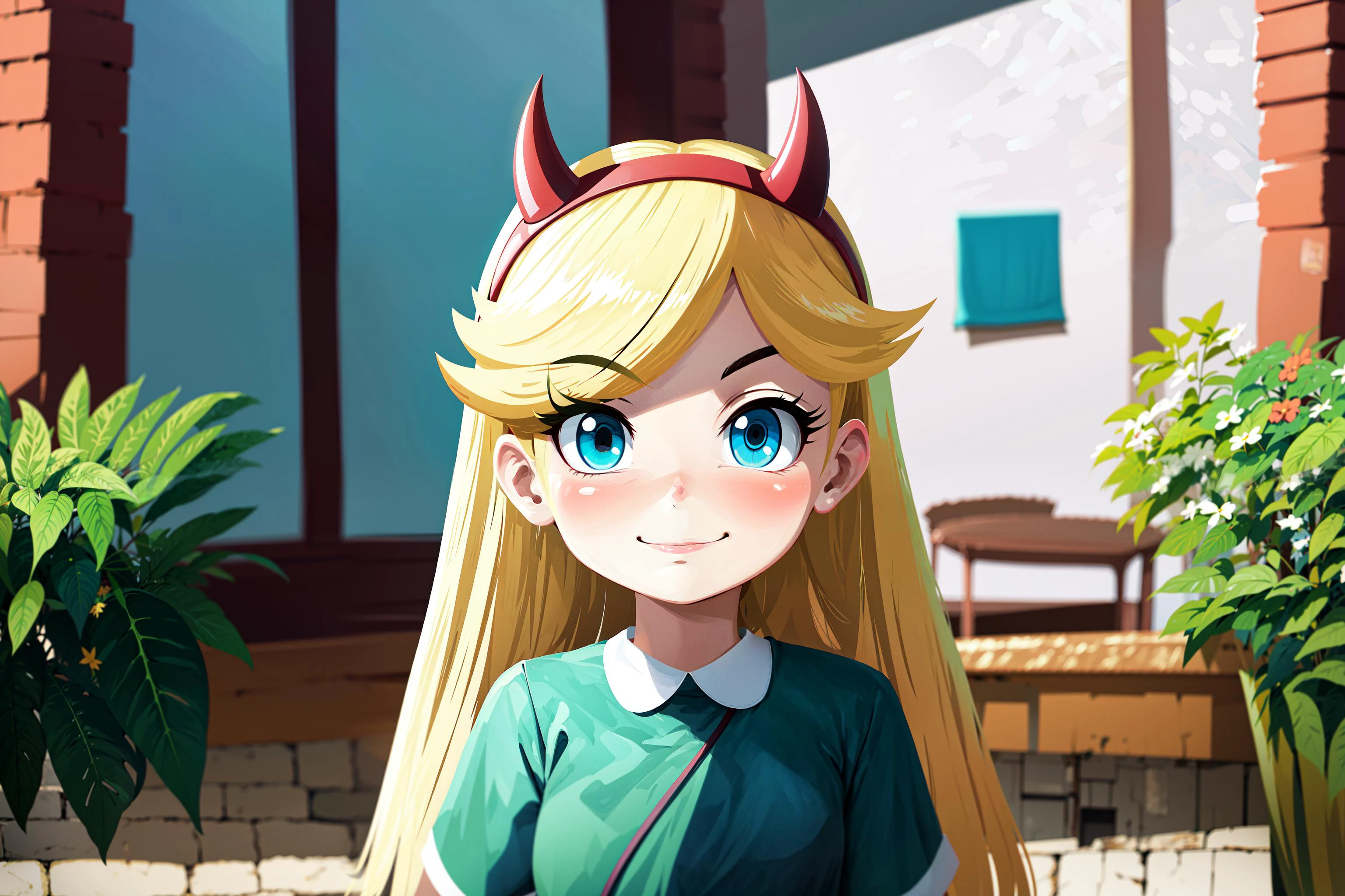 1girl, masterpiece, (detailed background), best quality, absurdres, outside,
looking at viewer, smirking, eyelashes, eyeshadow, nose blush, young girl,
mexican street, blue house, yellow roof, red brick fence, green bushes, plants,
 star butterfly, blonde hair, blue eyes, facial mark, fake horns, hairband, heart cheeks, horned headwear, long hair, pantyhose, striped pantyhose