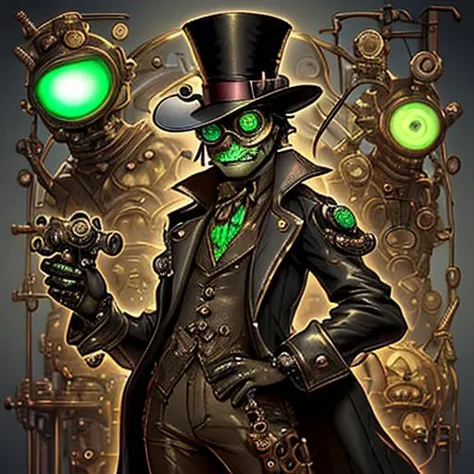 a steam punk frog wearing a leather tophat and aviator goggles with a suit adorned with gears and clogs <lora:DonMSp3ctr4lXL:0.8> DonMSp3ctr4lXL <lora:wrenchsfantasy:0.8> wrenchsfantasy, fantasy, glowing, glowing eyes <lora:SteampunkXL_V1:0.8> steampunk