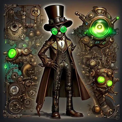 steampunk man in top hat and coat with green eyes