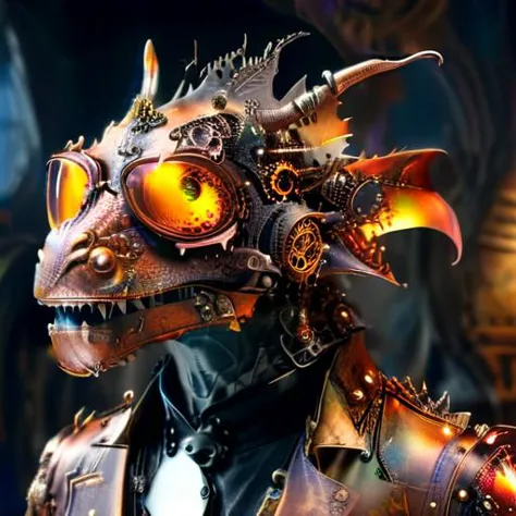 a steampunk Dragon wearing a leather tophat and aviator goggles with a suit adorned with gears and clogs in a very fantastical fantasy type setting <lora:DonMSp3ctr4lXL:0.8> DonMSp3ctr4lXL <lora:wrenchsfantasy:0.8> wrenchsfantasy, fantasy, glowing, glowing eyes <lora:SteampunkXL_V1:0.8> steampunk <lora:xl_more_art_full_v1:0.8> <lora:Cognifique:0.8> cogstyle, made from small cogs <lora:Dragons:0.8> dragon