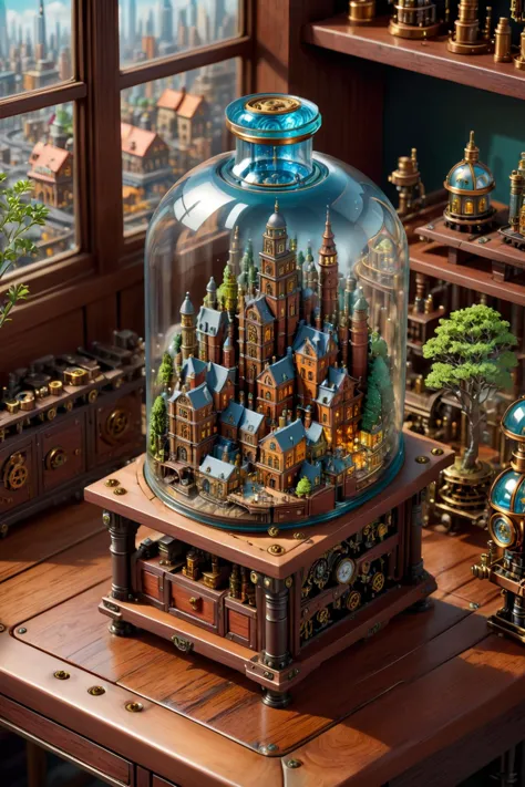 there is a miniature city in a glass dome on a table