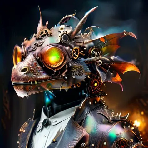 a steampunk Dragon wearing a leather tophat and aviator goggles with a suit adorned with gears and clogs in a very fantastical fantasy type setting <lora:DonMSp3ctr4lXL:0.8> DonMSp3ctr4lXL <lora:wrenchsfantasy:0.8> wrenchsfantasy, fantasy, glowing, glowing eyes <lora:SteampunkXL_V1:0.8> steampunk <lora:xl_more_art_full_v1:0.8> <lora:Cognifique:0.8> cogstyle, made from small cogs <lora:Dragons:0.8> dragon