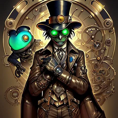 steampunk man with a green eye and a hat holding a green light