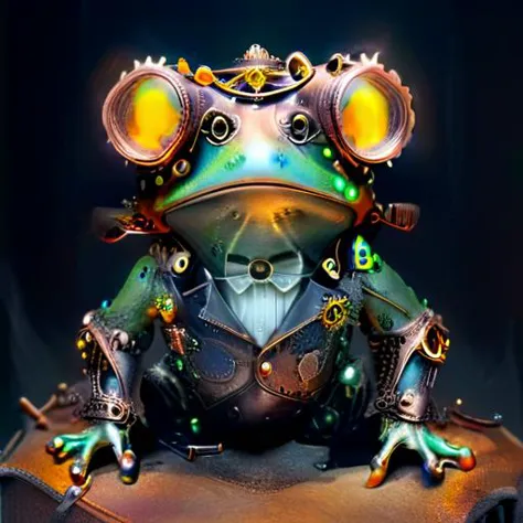 a steam punk frog wearing a leather tophat and aviator goggles with a suit adorned with gears and clogs <lora:DonMSp3ctr4lXL:0.8> DonMSp3ctr4lXL <lora:wrenchsfantasy:0.8> wrenchsfantasy, fantasy, glowing, glowing eyes <lora:SteampunkXL_V1:0.8> steampunk <lora:xl_more_art_full_v1:0.8> <lora:Cognifique:0.8> cogstyle, made from small cogs