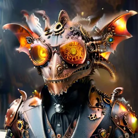 a steampunk Dragon wearing a leather tophat and aviator goggles with a suit adorned with gears and clogs in a very fantastical fantasy type setting <lora:DonMSp3ctr4lXL:0.8> DonMSp3ctr4lXL <lora:wrenchsfantasy:0.8> wrenchsfantasy, fantasy, glowing, glowing eyes <lora:SteampunkXL_V1:0.8> steampunk <lora:xl_more_art_full_v1:0.8> <lora:Cognifique:0.8> cogstyle, made from small cogs <lora:Dragons:0.8> dragon