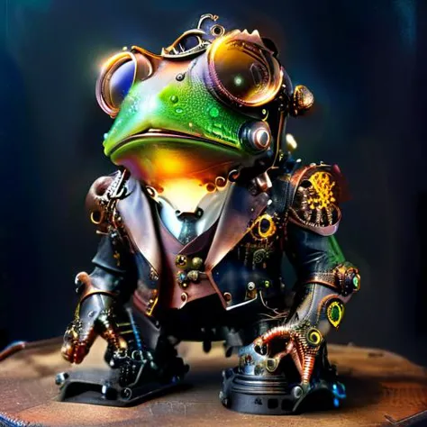 a steam punk frog wearing a leather tophat and aviator goggles with a suit adorned with gears and clogs <lora:DonMSp3ctr4lXL:0.8> DonMSp3ctr4lXL <lora:wrenchsfantasy:0.8> wrenchsfantasy, fantasy, glowing, glowing eyes <lora:SteampunkXL_V1:0.8> steampunk <lora:xl_more_art_full_v1:0.8> <lora:Cognifique:0.8> cogstyle, made from small cogs