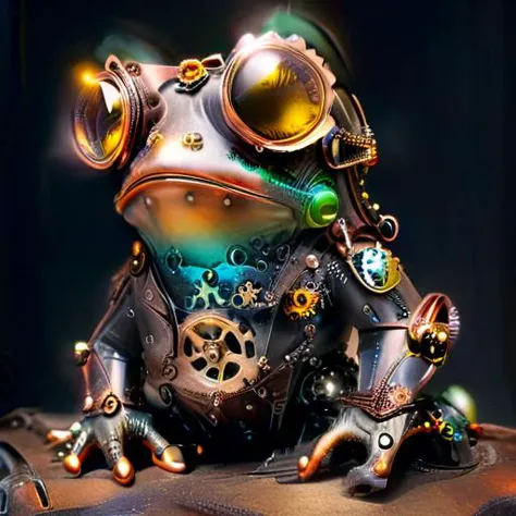 a steam punk frog wearing a leather tophat and aviator goggles with a suit adorned with gears and clogs <lora:DonMSp3ctr4lXL:0.8> DonMSp3ctr4lXL <lora:wrenchsfantasy:0.8> wrenchsfantasy, fantasy, glowing, glowing eyes <lora:SteampunkXL_V1:0.8> steampunk <lora:xl_more_art_full_v1:0.8> <lora:Cognifique:0.8> cogstyle, made from small cogs