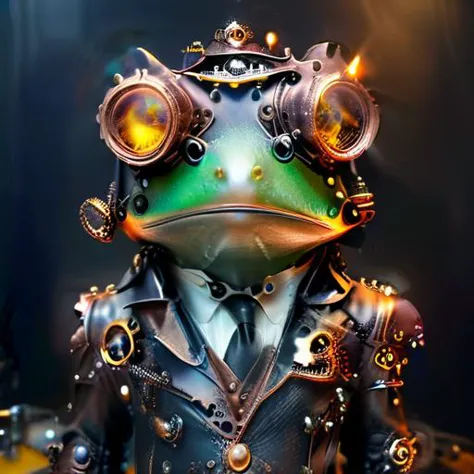 a steam punk frog wearing a leather tophat and aviator goggles with a suit adorned with gears and clogs <lora:DonMSp3ctr4lXL:0.8> DonMSp3ctr4lXL <lora:wrenchsfantasy:0.8> wrenchsfantasy, fantasy, glowing, glowing eyes <lora:SteampunkXL_V1:0.8> steampunk <lora:xl_more_art_full_v1:0.8> <lora:Cognifique:0.8> cogstyle, made from small cogs