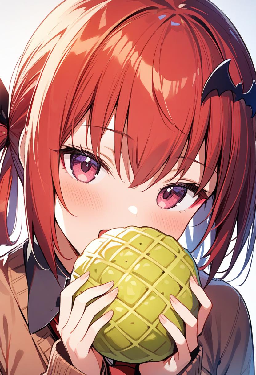 Anime girl eating a green apple with a bat on top - SeaArt AI