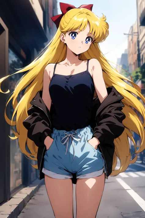 masterpiece, best quality, very aesthetic, absurdres, aavenus, long hair, blonde hair, hair bow, blue eyes, earrings, <lora:sailor_venus_XL_v1(anima):0.9>, shirt, shorts, camisole, sleeveless, street, black jacket, off shoulder, hands in pockets,