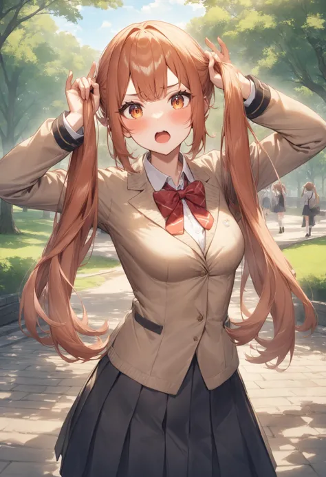 anime girl with long brown hair and a brown jacket