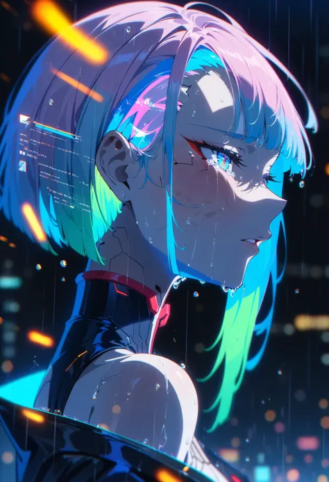 a close up of a person with a blue hair and a neon outfit