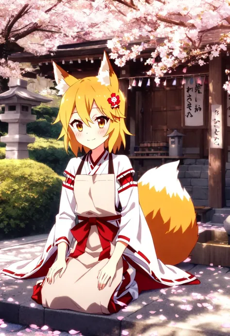 1girl,solo,sen,blonde hair,animal ears,fox ears,blush,animal ear fluff,hair ornament,fox girl,hair flower,hair,short hair,fox tail,tail,
young girl,miko,japanese clothes,apron,
happy smile,lotus position,sitting,
solo focus,summary,(sunset:1.3),
jinzya,(shrine),tree,(cherry blossoms:1.1),(scenery:1.3),outdoors,road,architecture,building,day,stone lantern,bush,(cherry blossom petals are scattered:1.2),petal,
very aesthetic,best quality,official art,photo background,cinematic Scene,Fantastic,detailed face,masterpiece,eyes,