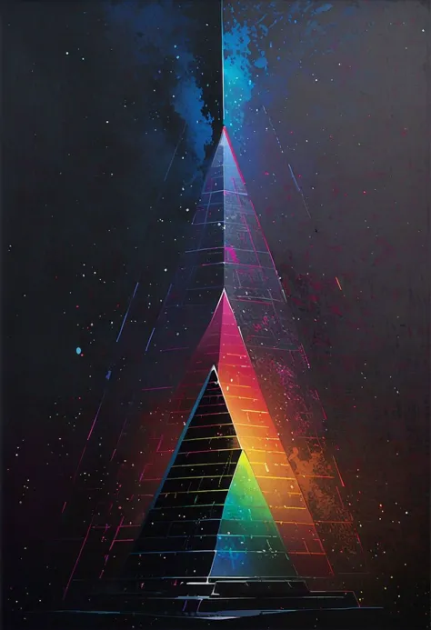 a painting of a triangle with a rainbow light in the middle