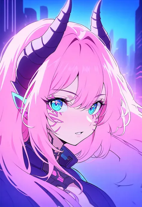 a close up of a anime girl with pink hair and horns