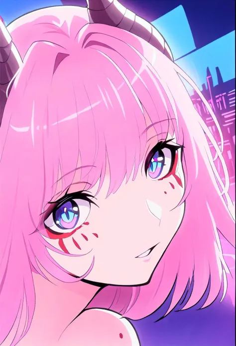 anime girl with pink hair and horns staring at the camera