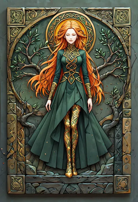 detailed, sharp, perfect, intricate celtic mosaic, celtic art, (olive green:0.8), (very dark green:1.2), (bright gold:1.5), celtic knots, tall ginger woman, long ginger hair, leaves, branches, [orange:0.8]