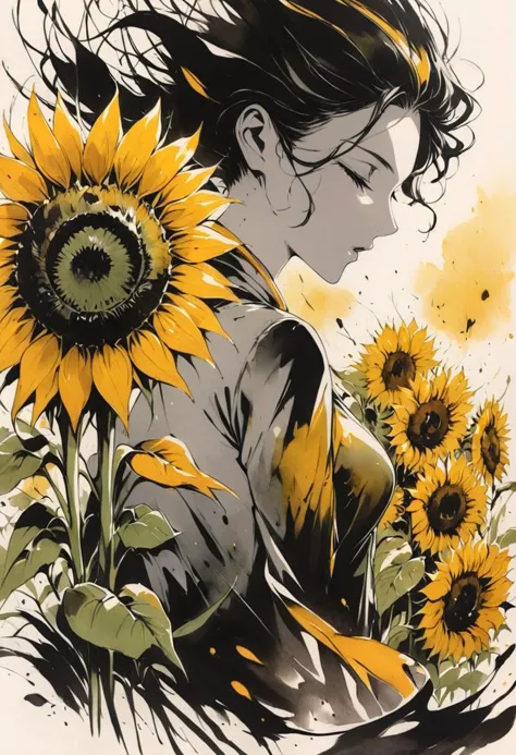 SelectiveColorStyle yellow and orange, 2colorpop, ink stained wash painting. A woman with her eyes closed. ((Sunflowers)). Best ...