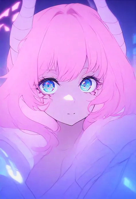 a close up of a person with pink hair and blue eyes