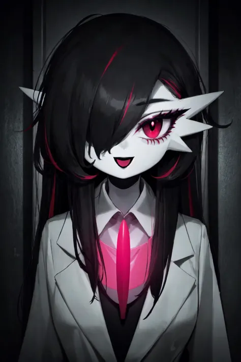 anime girl with black hair and red eyes wearing a white suit