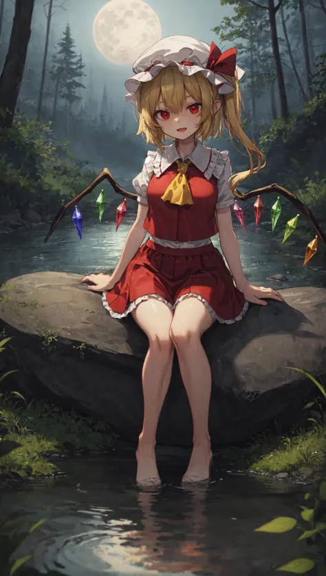 mksks, detailed background, masterpiece, best quality, flandre scarlet, white mob cap, blonde hair, red eyes, red skirt set, red vest, wings, fang, yellow ascot, sitting on a rock by the stream, river, water, reflection, water ripples, foot dangle, medium breasts, BREAK darkness, outdoors, nature, fog, depth of field, moon, tree