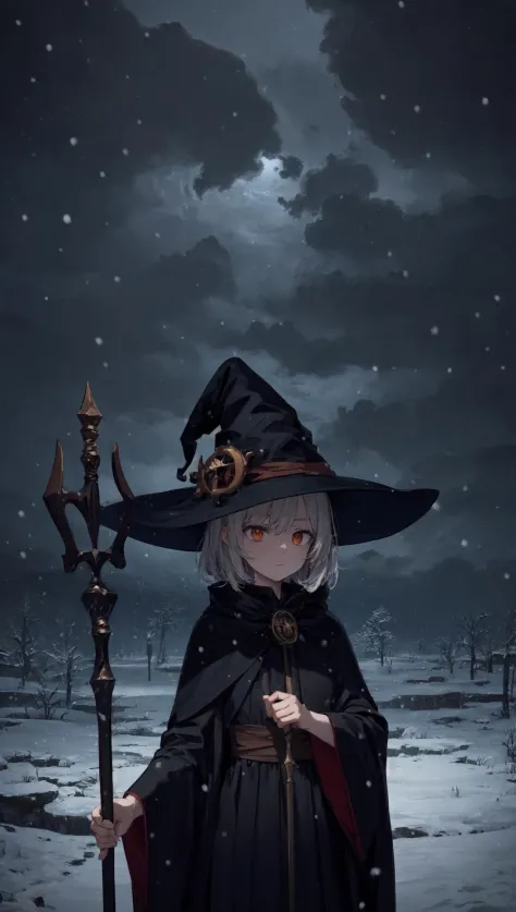 masterpiece, best quality, 1girl, black mage, witch hat, black robe, holding staff, crystal staff, darkness, night, dark backgro...