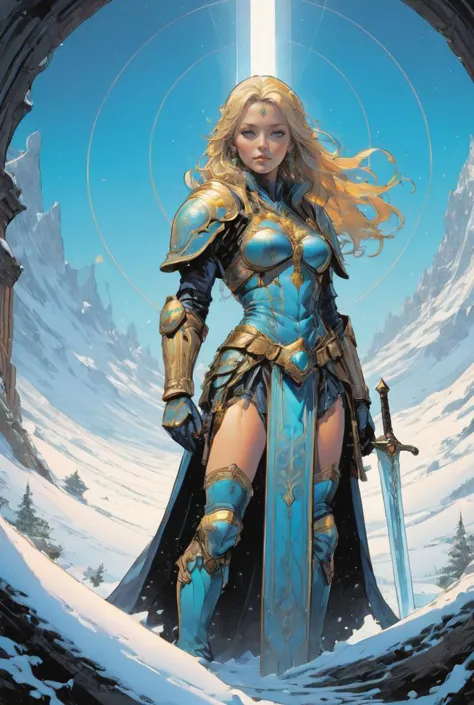 Alina Ushan, Una paladina aasimar femenina de pie firme en el campo de batalla. Su armadura ceremonial brilla al sol. su enorme:1.2 espadas llameantes plantadas en el suelo. Un aura de majestuosidad la rodea. Su cabello rubio brilla como el oro y sus ojos azules brillan como las estrellas. Espada poderosa, gran espada,  pose dinámica, dirígete hacia la cámara, (iluminación cinematográfica, volumétrico), mirando al espectador, mirando al espectador, Tendencia en ArtStation, (obra maestra:1.1, mejor calidad, alta resolución, 8K, alta resolución:1.2), cinemática integral, lineal preciso, extremadamente detallado, Realista, Intrincado details, cuerpo completo:1.2, fantasía, futuristic, luz dramática, sombra detallada, hyperRealista, centrado, Intrincado, vibrante, imagen perfecta, 3D, piel brillante, volumétrico, trazado de rayos, art by Alphonse Mucha, Juan Giménez, Drew Struzan, Bernie Wrightson,  