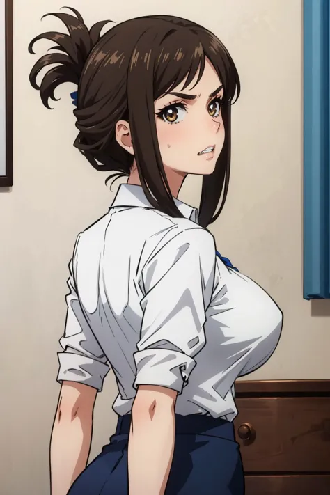 masterpiece, best quality, kojima kana, folded ponytail, white collared shirt, black skirt, pencilskirt, ass, looking at viewer, large breasts, mature female, furrowed brow, clenched teeth, looking at viewer, from behind, indoors