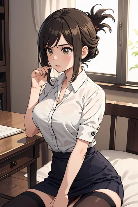 (masterpiece, best quality), 1girl, <lora:kojimakana-nvwls-v1:1> kojima kana, folded ponytail , white collared shirt, pencil skirt, black thighhighs, cleavage