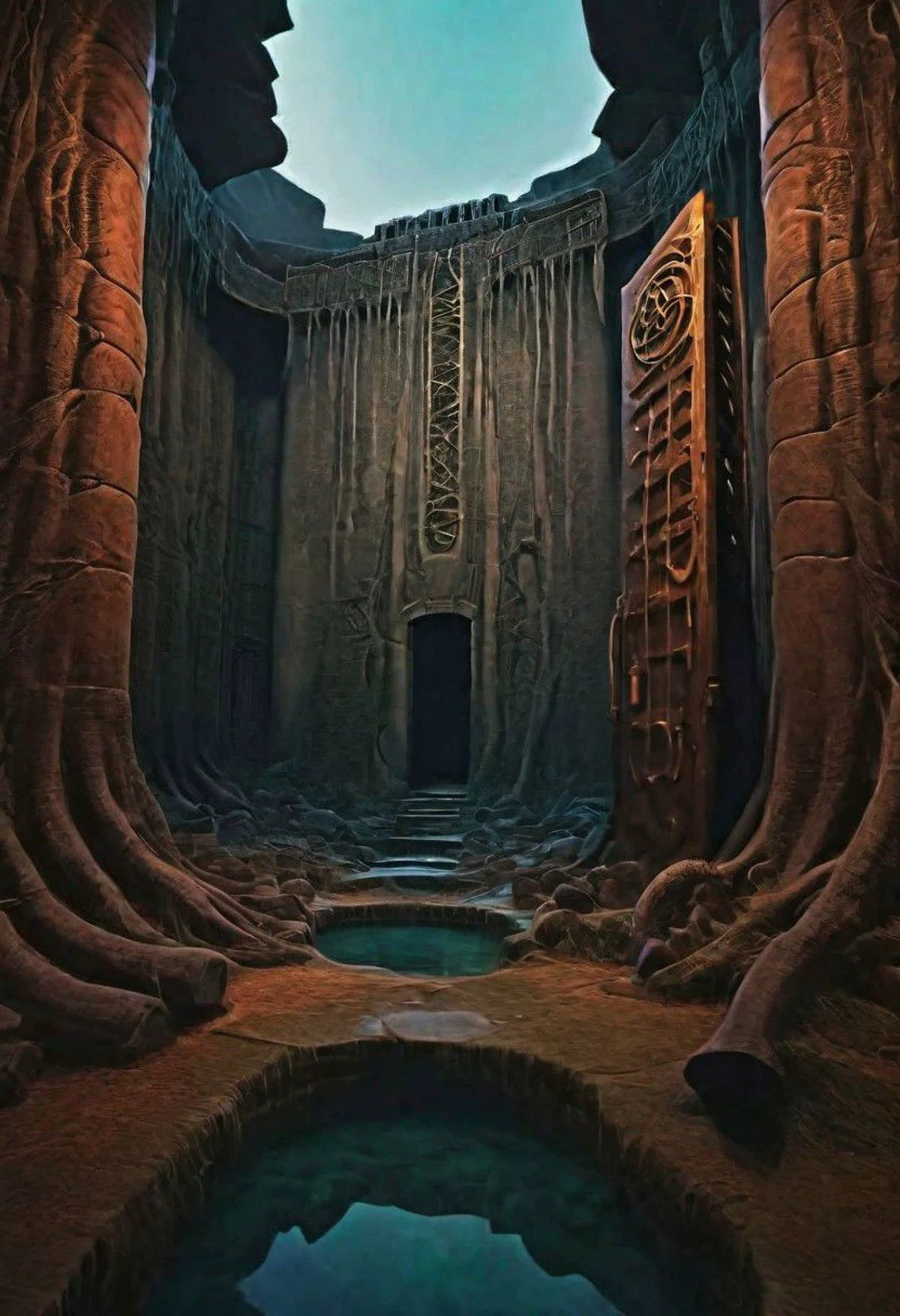 D&D scenery, a dungeon hall with a rusty iron door in a deep dark dungeon, futuristic utopic fantasy, intricate,UHD, masterpiece, high resolution surrealism , HDR photo Canon EOS