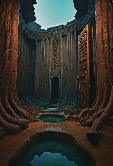 D&D scenery, a dungeon hall with a rusty iron door in a deep dark dungeon, futuristic utopic fantasy, intricate,UHD, masterpiece...