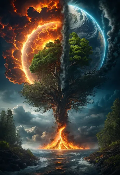 a tree with a fire and a planet in the background