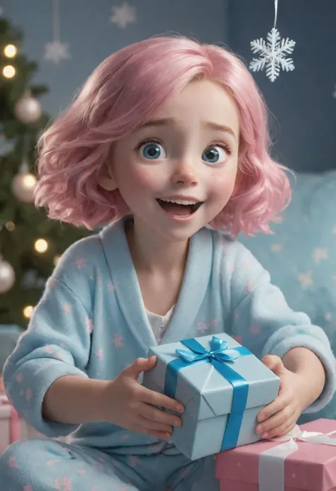 a girl with pink hair holding a present in front of a christmas tree