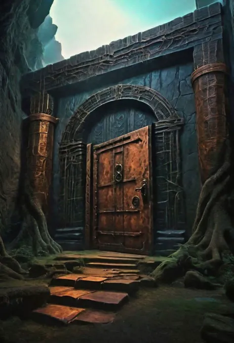 D&D scenery, a dungeon hall with a rusty iron door in a deep dark dungeon, futuristic utopic fantasy, intricate,UHD, masterpiece...