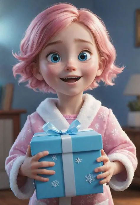 a girl in pink and white pajamas holding a blue present