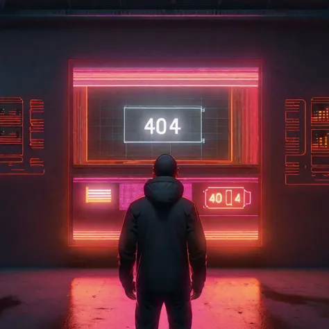 Rear view of person curiously examining a glitching screen displaying 404 error, cinematic atmosphere, detailed environment, volumetric lighting