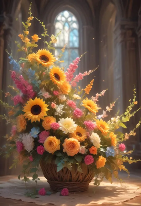 Vibrant floral arrangement in wicker basket, bright yellow sunflowers with dark brown centers, deep pink carnations, light pink roses with soft petals, delicate blue delphiniums with intricate details on each petal, lush green leaves, filler plants adding texture and fullness, woven texture basket, interlacing strands of light brown wicker, oval shape, handle arching on one side