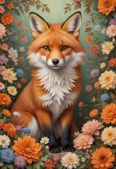 painting of a fox sitting in a flowery frame with flowers