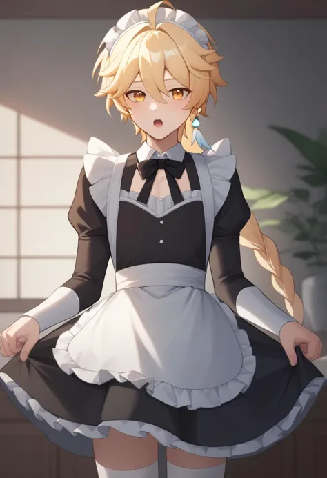 a woman in a maid outfit is standing in a room