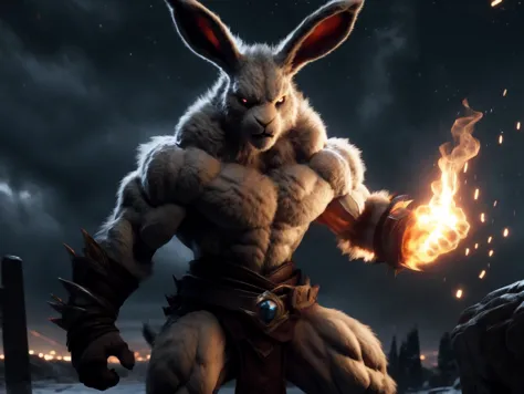 a rabbit with a fire in its hand standing in front of a dark sky