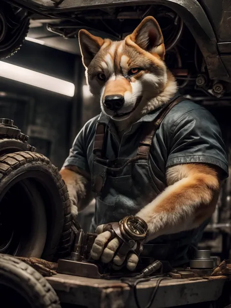 a close up of a dog in a mechanic's uniform working on a vehicle