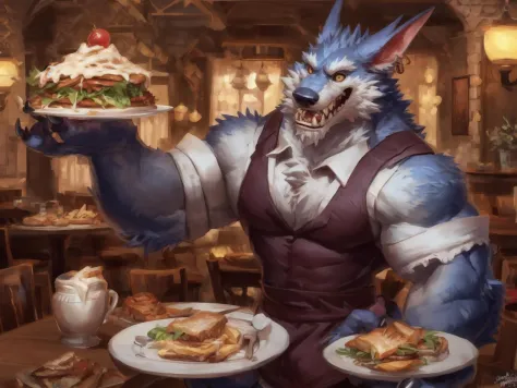 there is a man holding a plate of food with a wolf on it