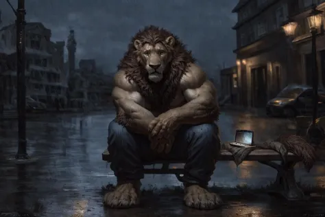 real,
anthro,taran fiddler,(older male:1.3),
solo,looking up,lion,white lion,white body,mane,
sitting,sitting on bench,on phone,phone,
head down,front view,short pants,hands behind,
tears,
(raining:1.3),wet,(sad:1.5),city,street,house,outside,
(dust:0.6),detailed background,hi res,
bloom,(shadow:1.3),cinematic lighting,
<lora:bmV8r:1>,