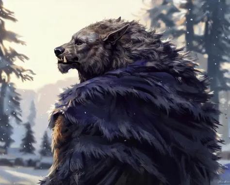 a close up of a bear with a large coat on in a snowy forest