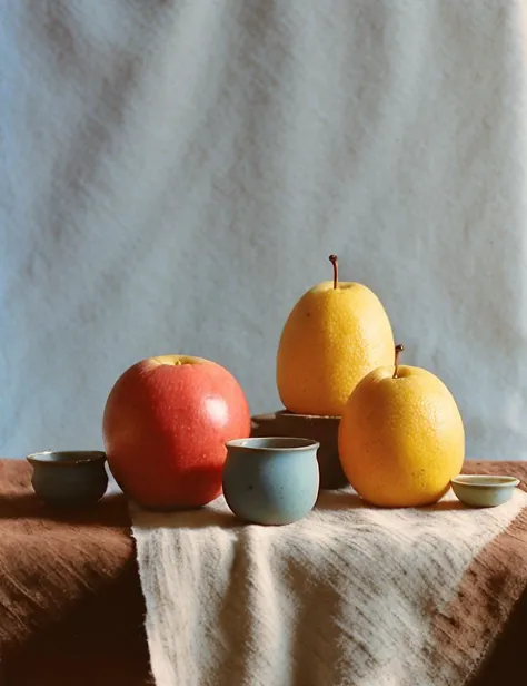 analog style ((artistic)) professional ((still life)) photo of various fruits, linen cloth, rough wood, paint, ceramic, plants, ...