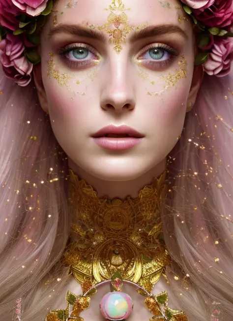 (symmetry:1.1) (portrait of floral:1.05) a woman as a beautiful goddess, (assassins creed style:0.8), pink and gold and opal col...